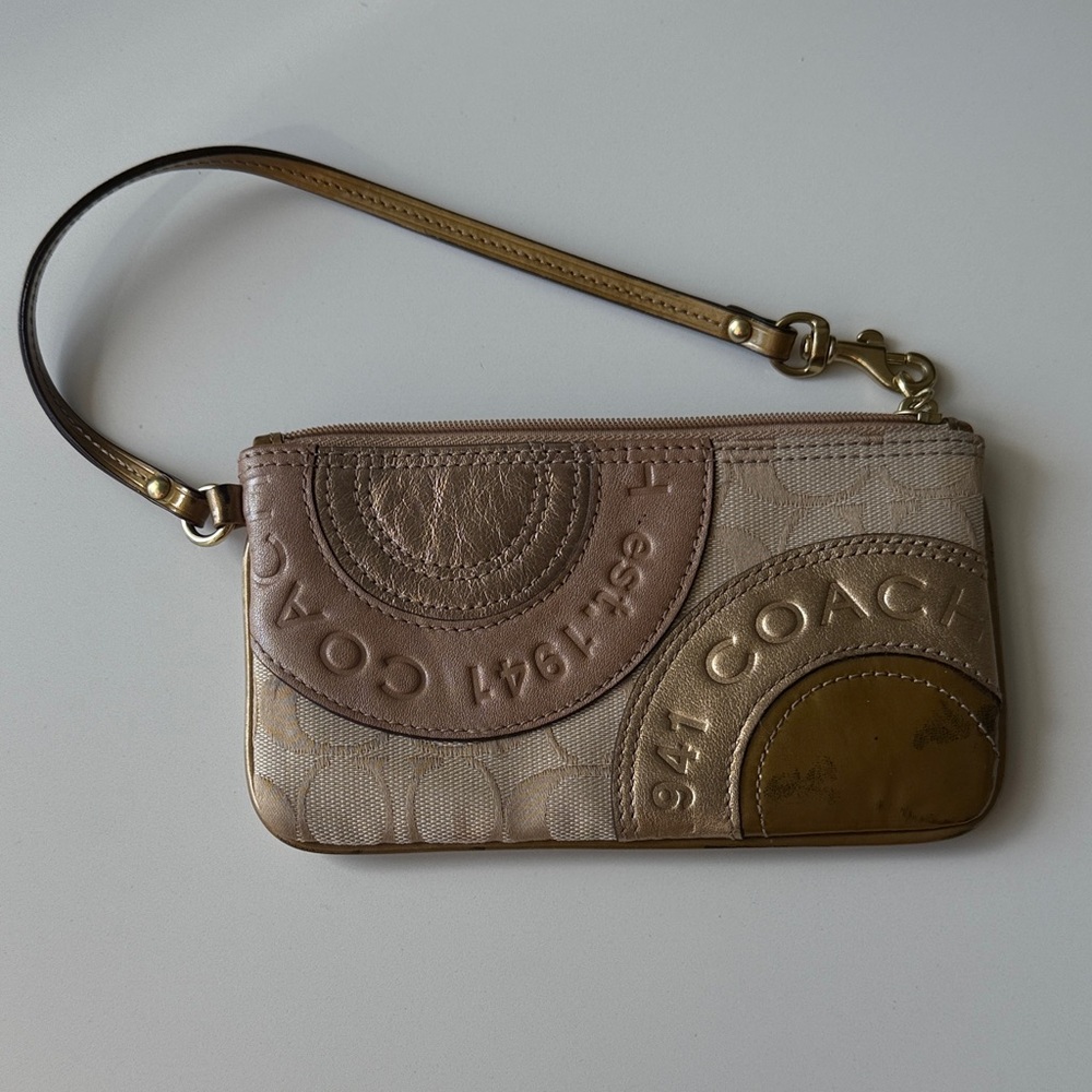 Coach Tan and Gold Patchwork Wristlet